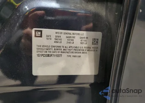 2015 Chevrolet Cruze Lt z USA, uszkodzony, nr VIN 1G1PC5SB3F7115377